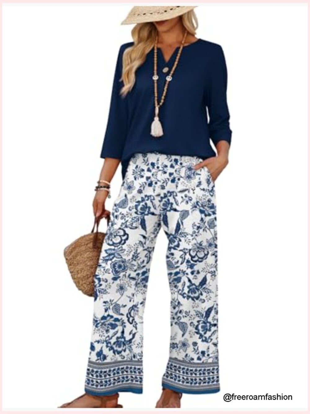 3/4 Sleeve Lounge Set - Two Piece Wide Leg Pant Set